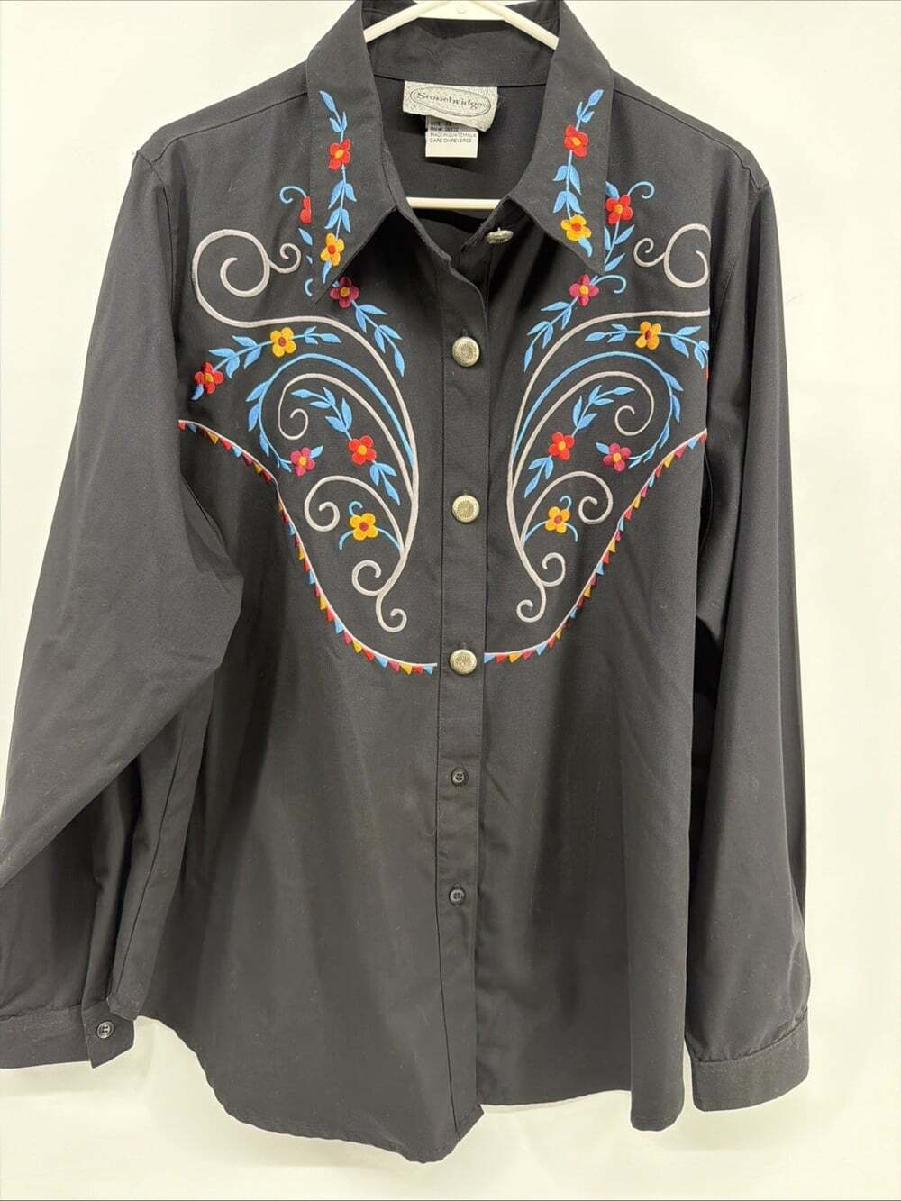 Stonebridge Women’s 2X Black Embroidered Western Shirt Concho Buttons Floral